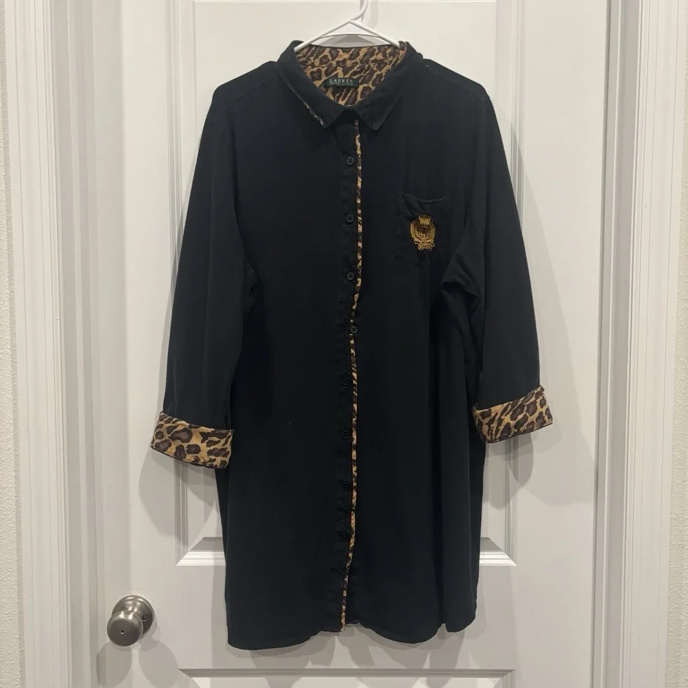 Lauren Ralph Lauren Black Leopard Print Collared 3/4 Sleeve Sleep Gown 3X XXL